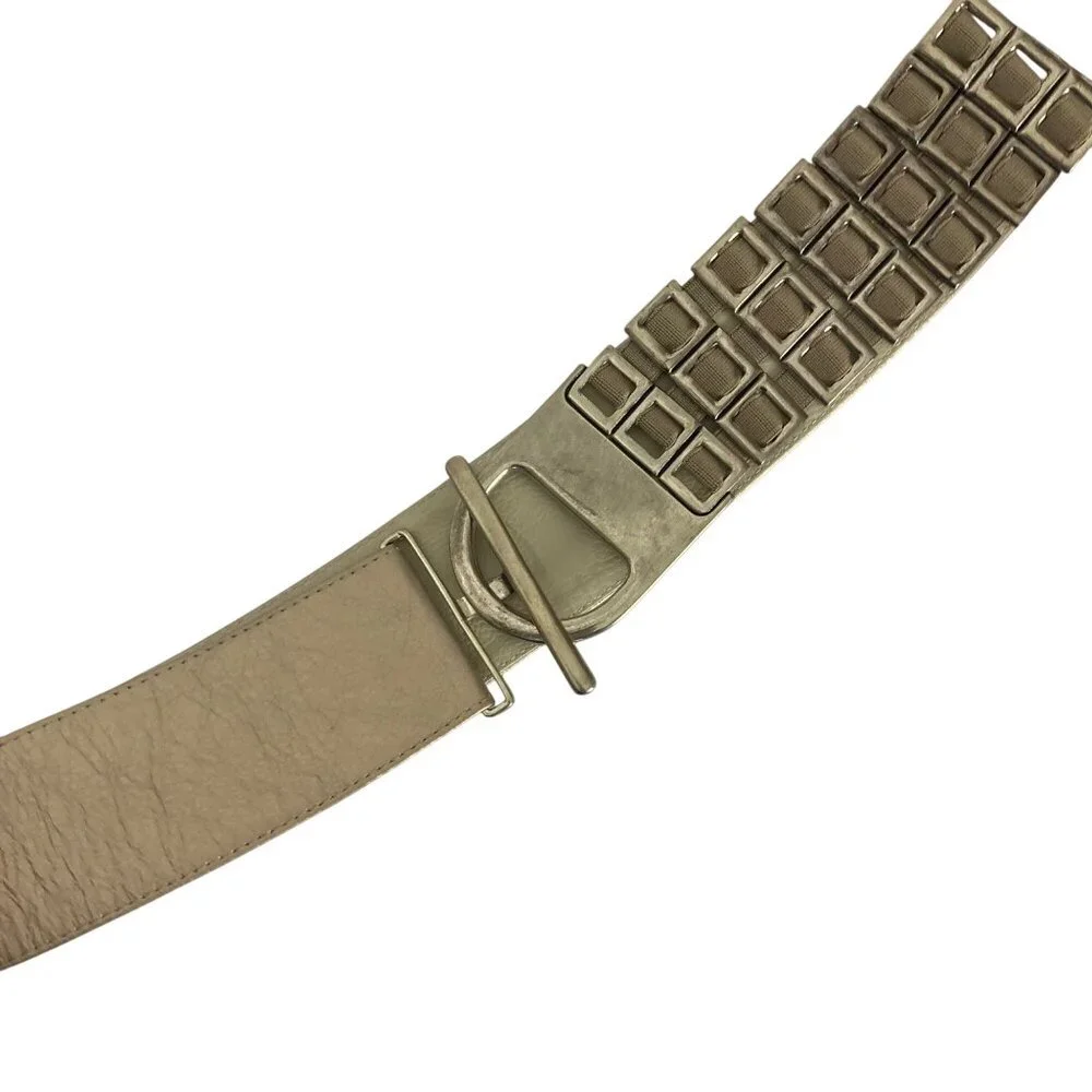Suzi Roher Gold Leather Silver Metal Square Link Wide Belt Large Stretch